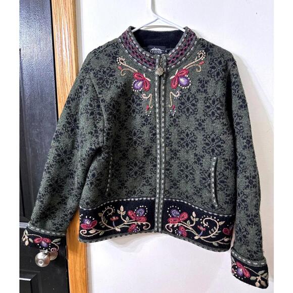 Icelandic Design Sweaters - Icelandic Wool Floral Embroidery Zip Front Sweater Cardigan Green Sz M Pockets